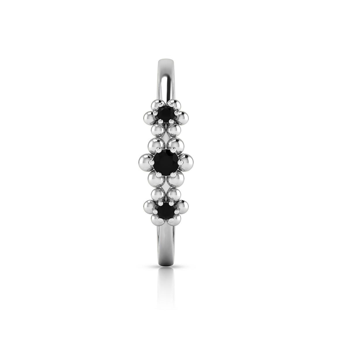 3 Stone Flower Black Diamond 925 Silver Ring