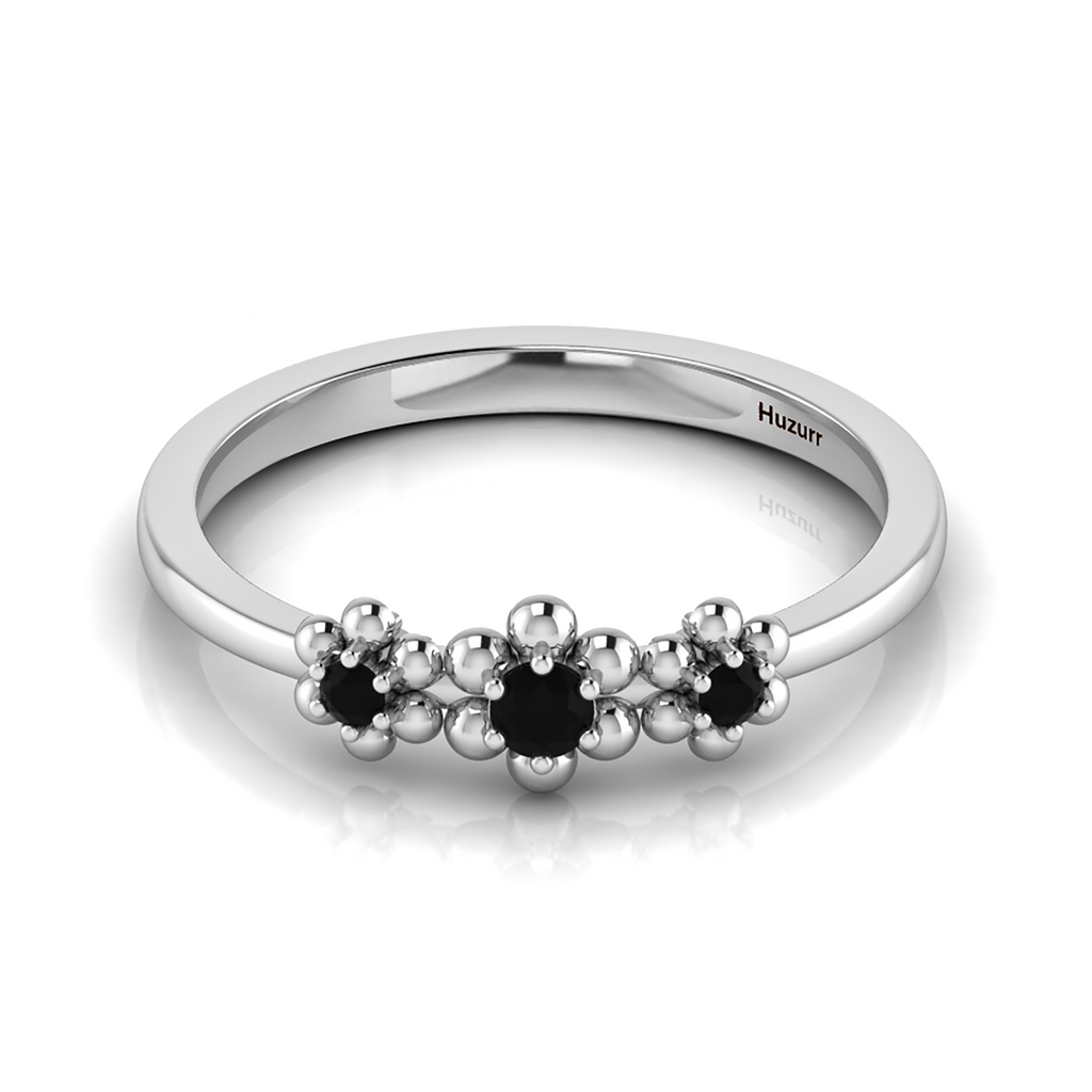 3 Stone Flower Black Diamond 925 Silver Ring