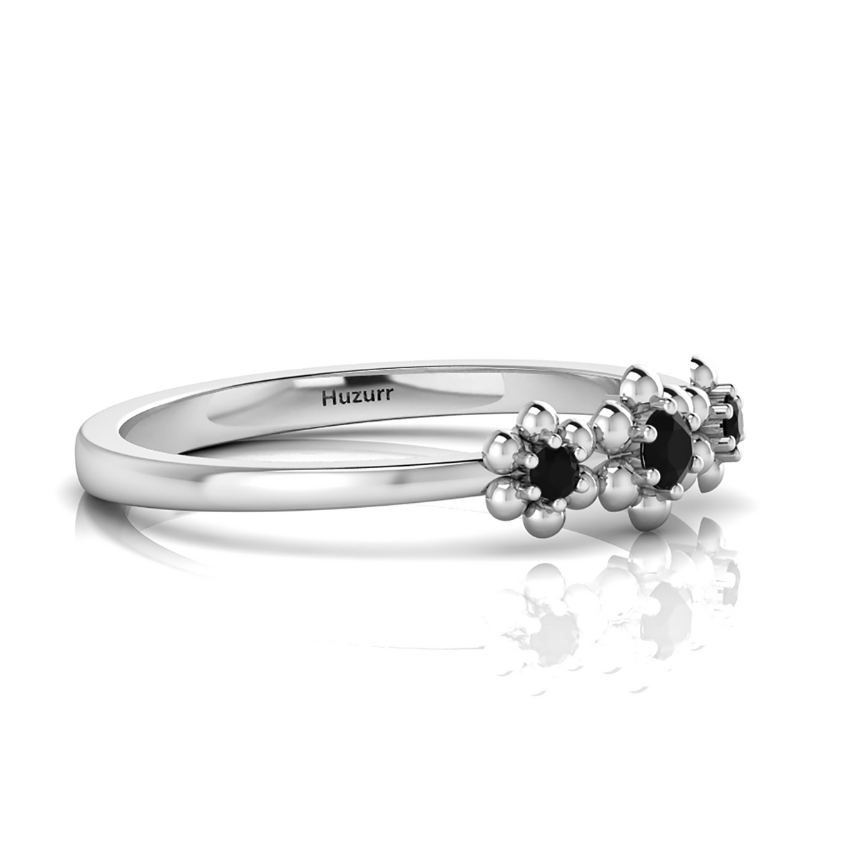 3 Stone Flower Black Diamond 925 Silver Ring