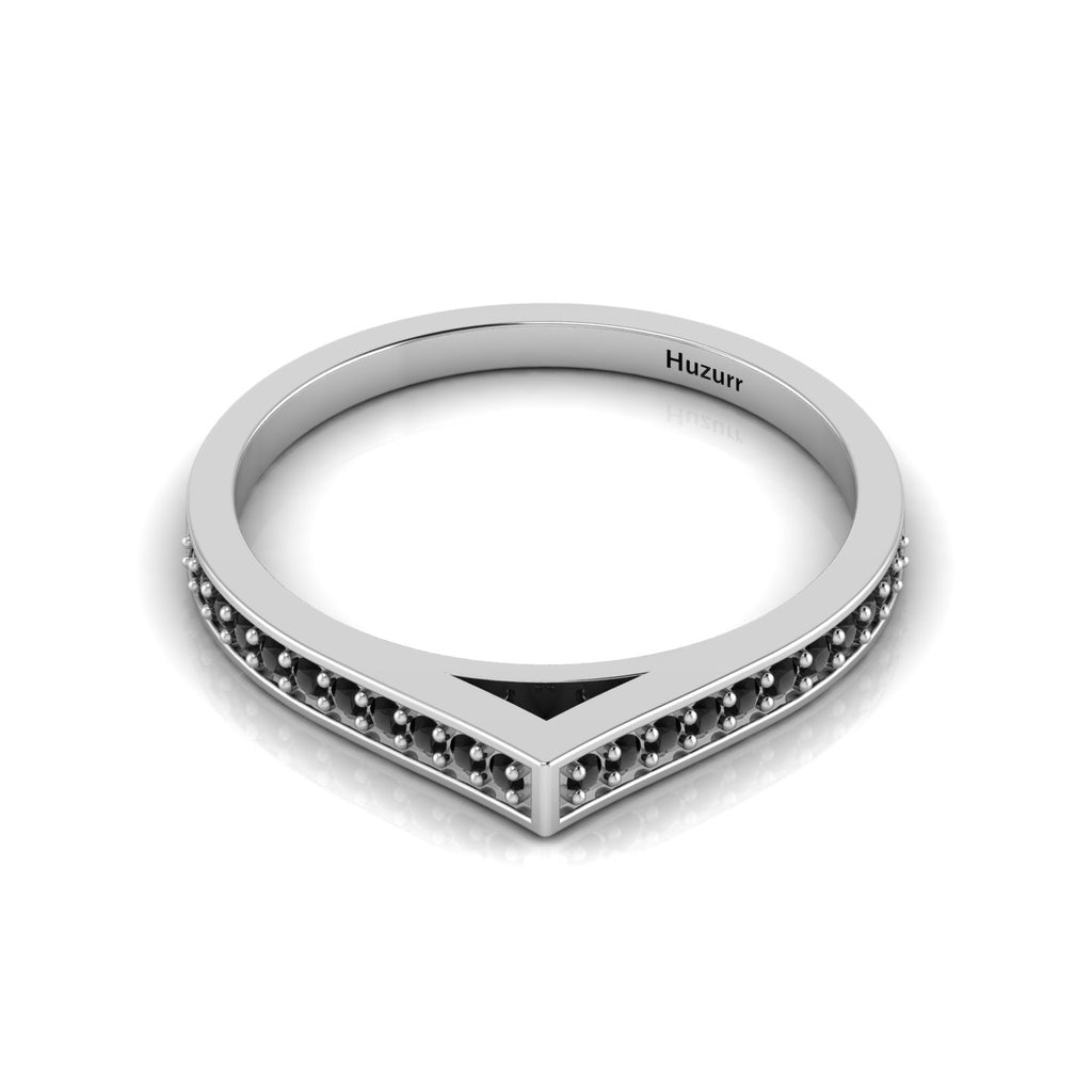Round Black Diamond Silver Stackable Solitaire V-Shaped Ring