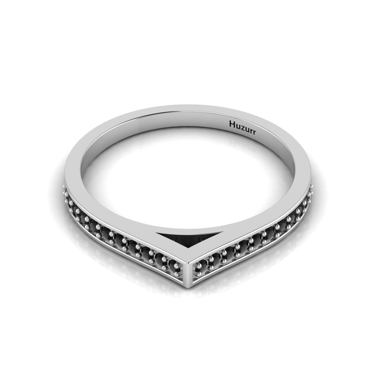 Round Black Diamond Silver Stackable Solitaire V-Shaped Ring