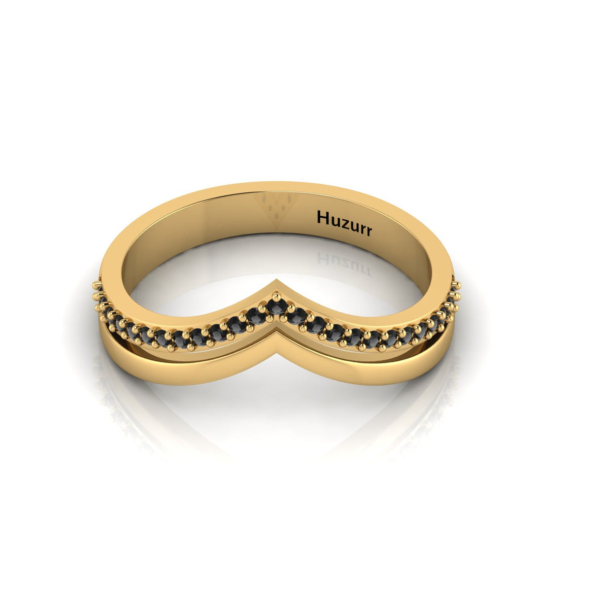 Double V Black Diamond Gold Plated Wishbone Ring