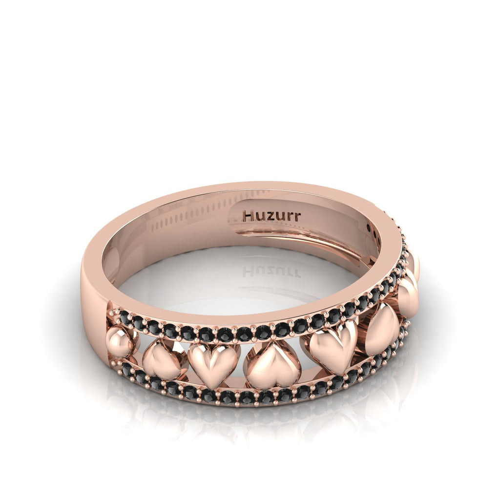 Round-Black Diamond Rose Gold Plated Heart Band Ring