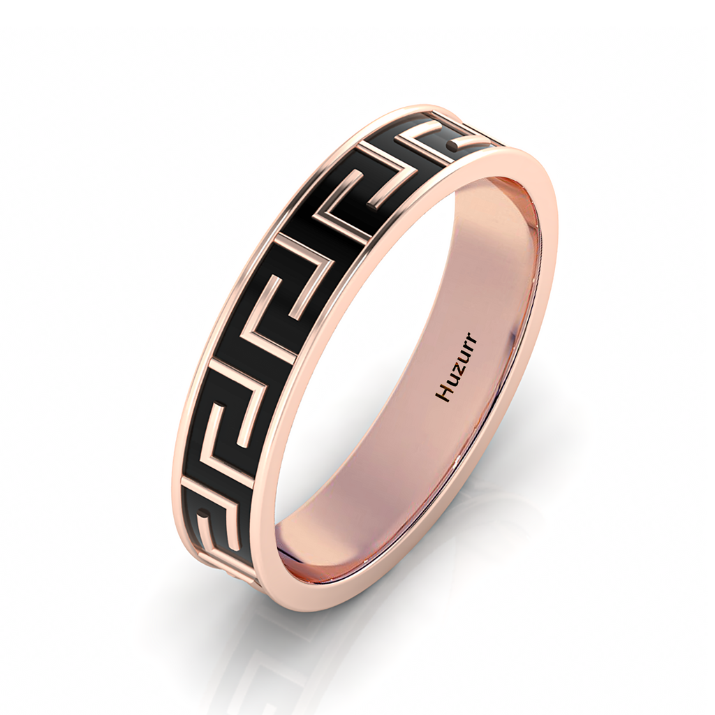 Maze-Design Rose Gold Plated Black Enamel Band Ring