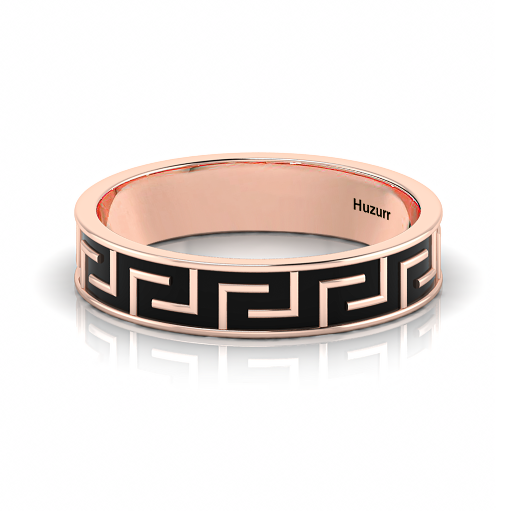 Maze-Design Rose Gold Plated Black Enamel Band Ring
