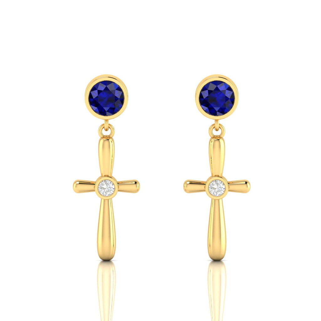 Blue Sapphire Gold Plated Cross Drops & Danglers Earrings