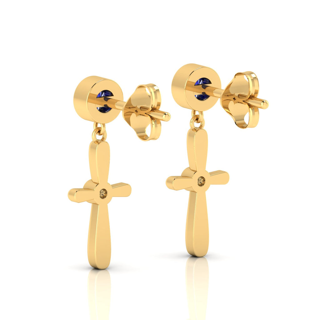 Blue Sapphire Gold Plated Cross Drops & Danglers Earrings