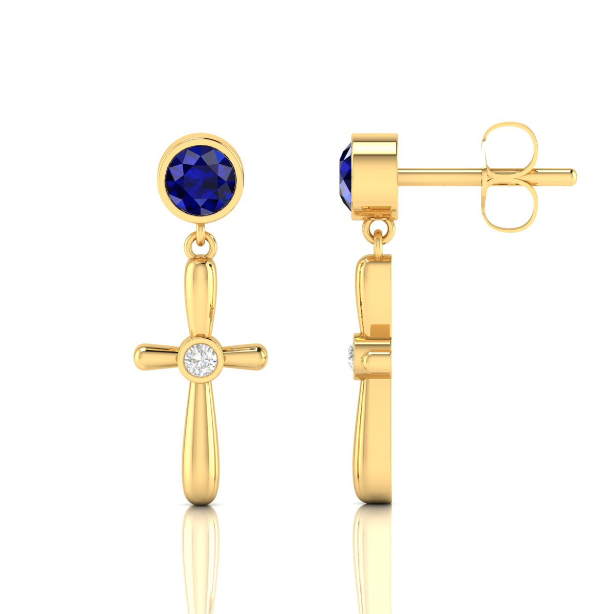 Blue Sapphire Gold Plated Cross Drops & Danglers Earrings