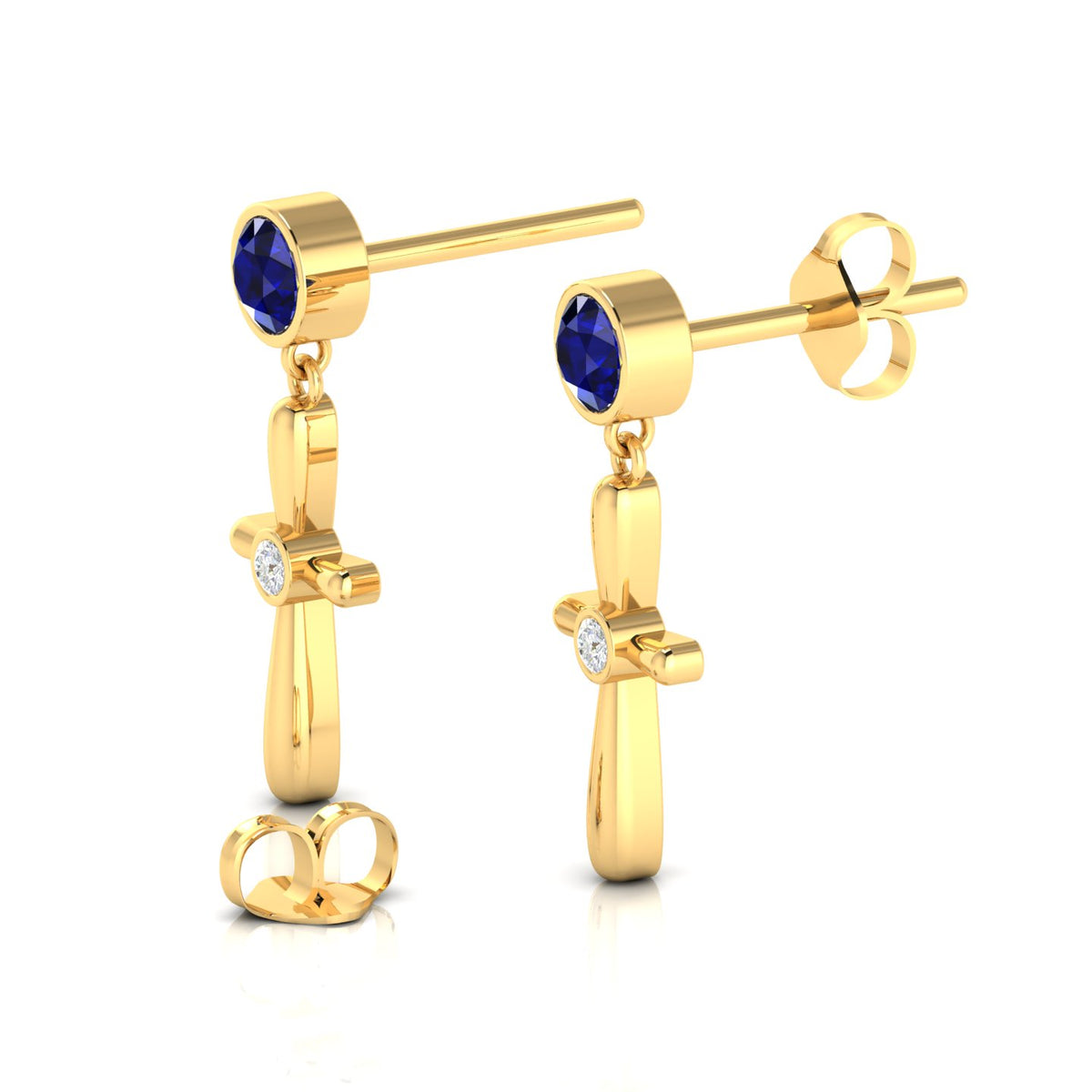 Blue Sapphire Gold Plated Cross Drops & Danglers Earrings