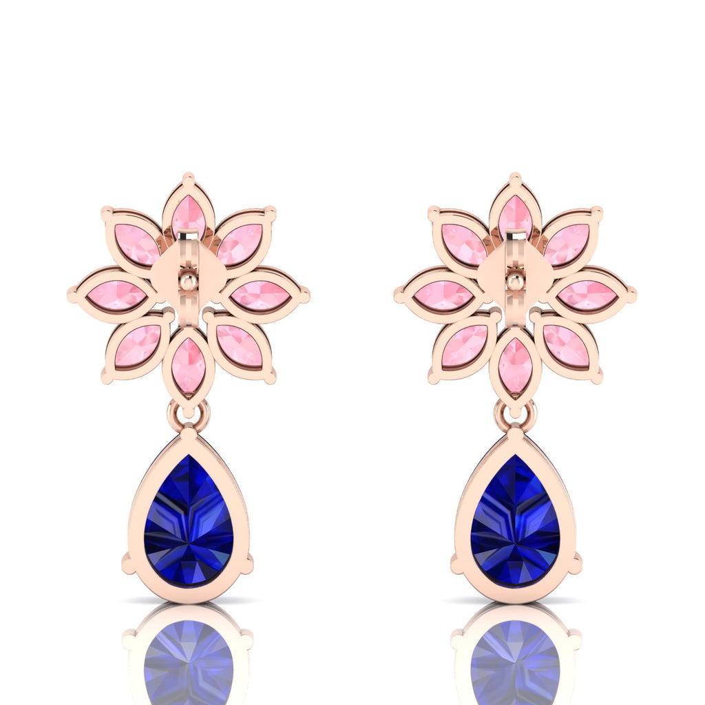 Blue Sapphire & Morganite Rose Gold Plated Flower Teardrops Earrings