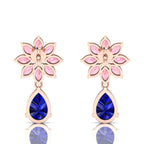 Blue Sapphire & Morganite Rose Gold Plated Flower Teardrops Earrings