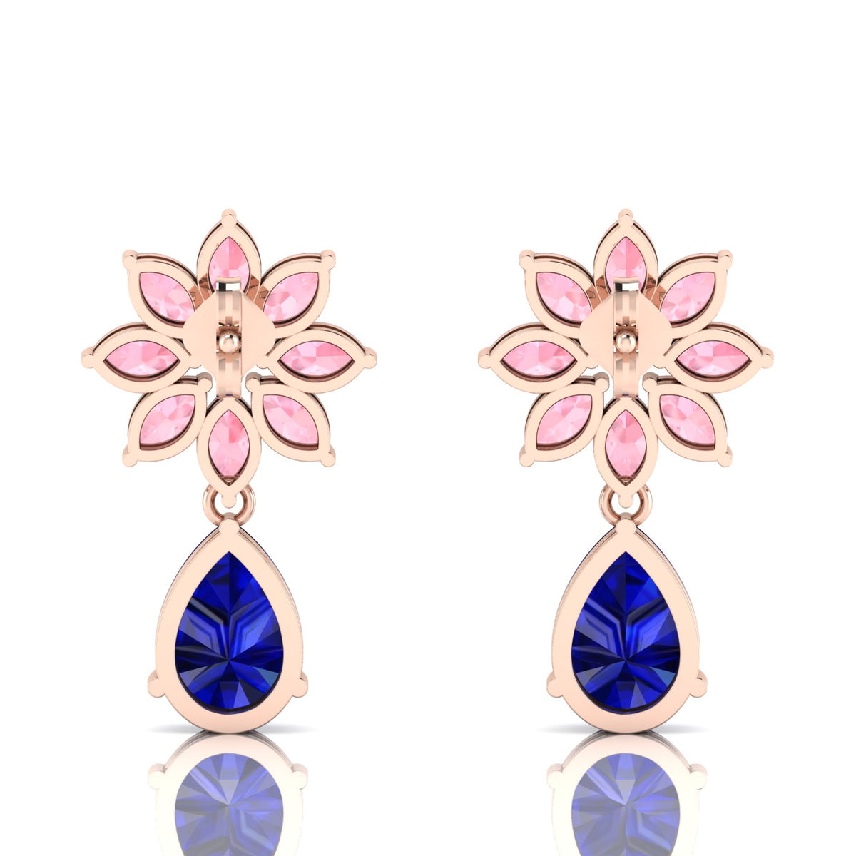 Blue Sapphire & Morganite Rose Gold Plated Flower Teardrops Earrings