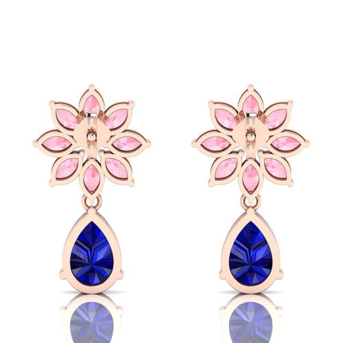 Blue Sapphire & Morganite Rose Gold Plated Flower Teardrops Earrings