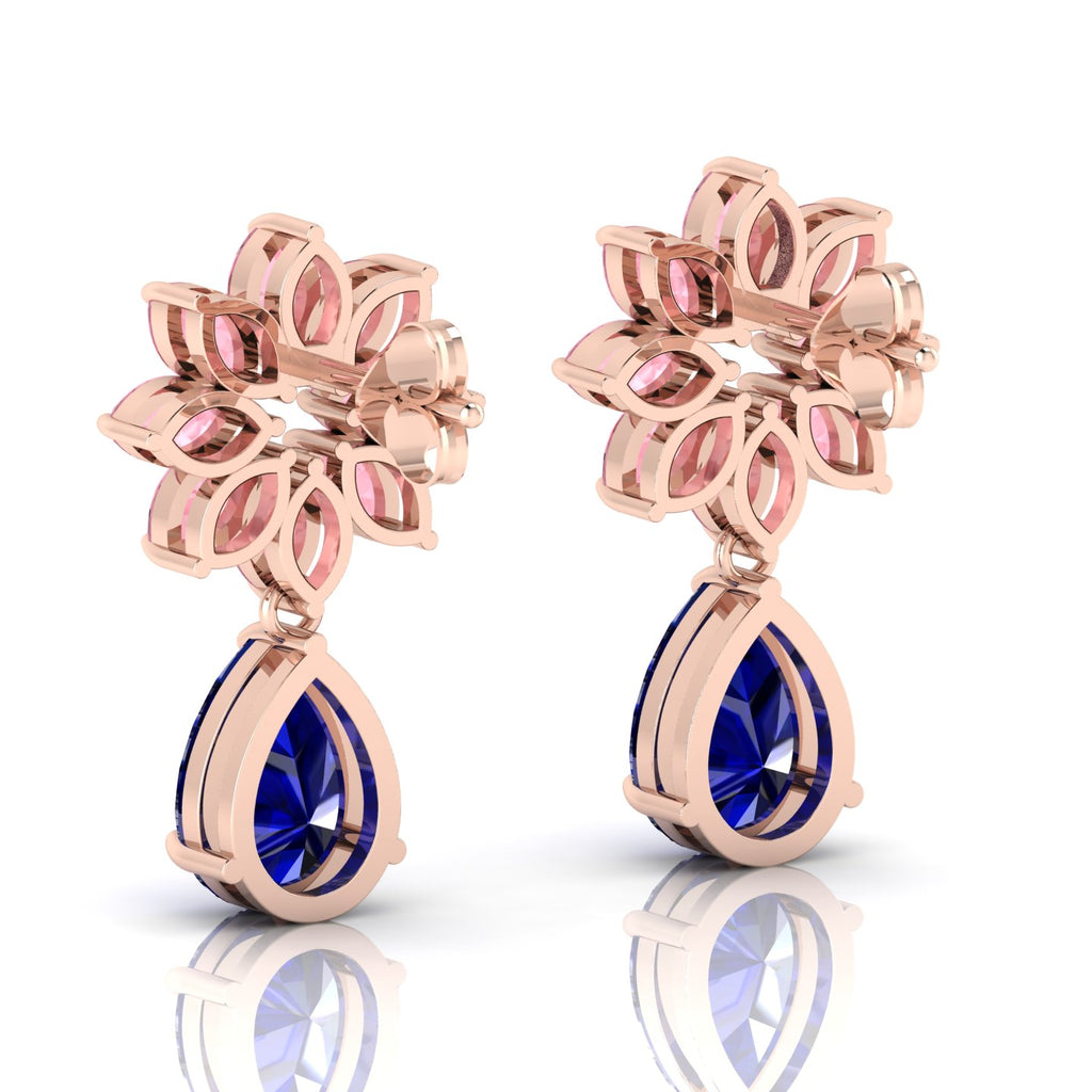 Blue Sapphire & Morganite Rose Gold Plated Flower Teardrops Earrings