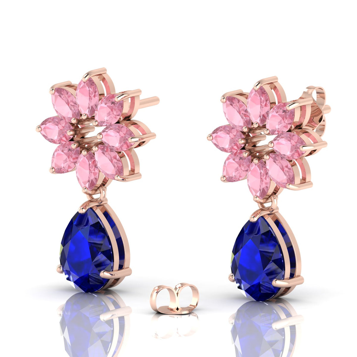 Blue Sapphire & Morganite Rose Gold Plated Flower Teardrops Earrings