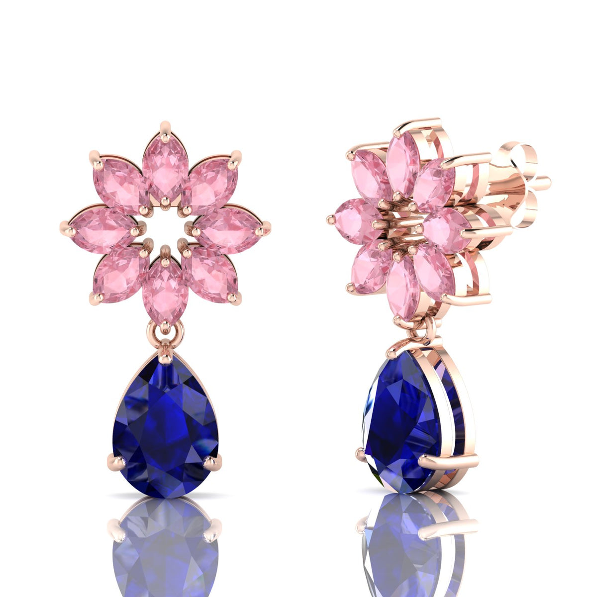 Blue Sapphire & Morganite Rose Gold Plated Flower Teardrops Earrings