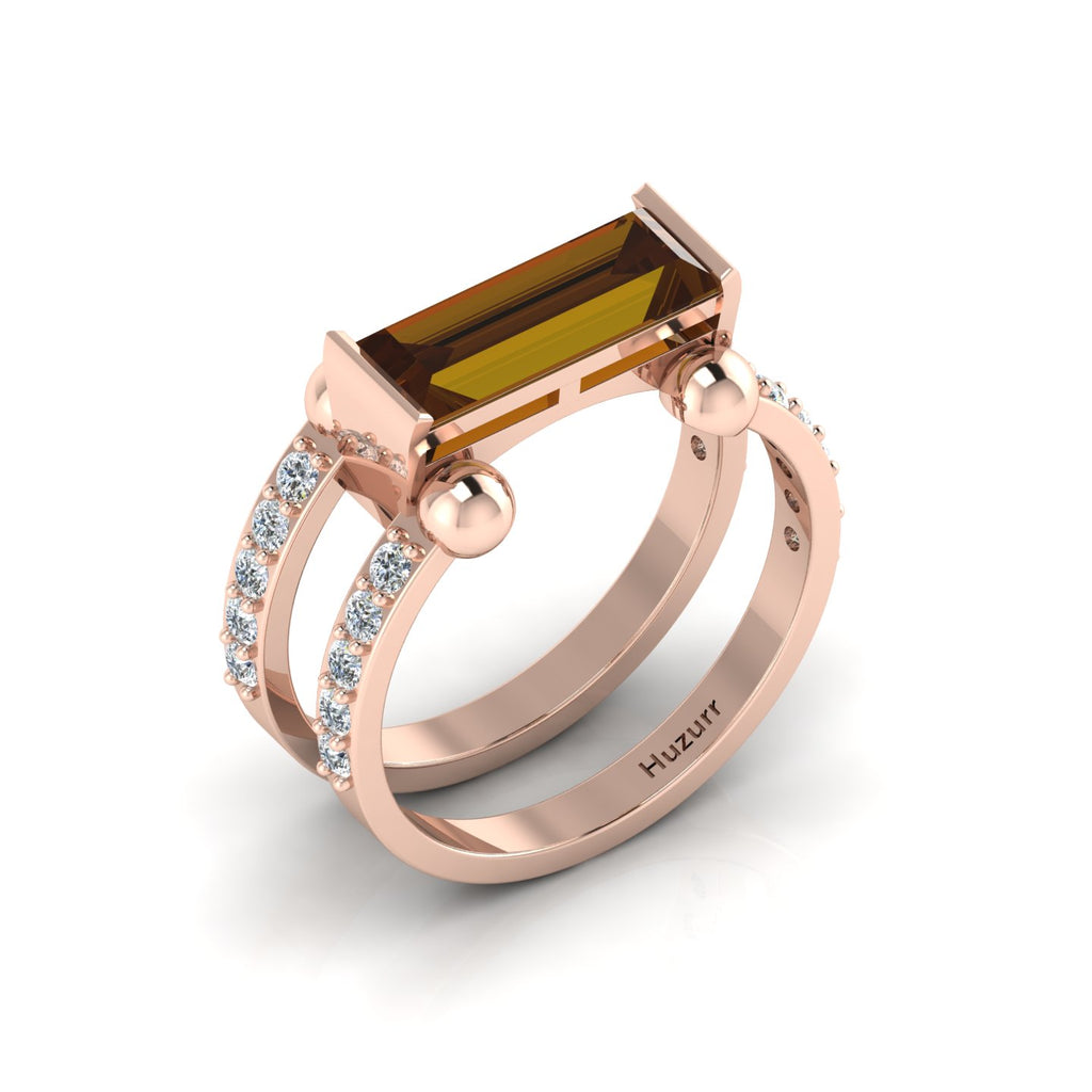Rose Gold Plated Parallel Split Baguette-Cut Coffee Diamond Solitaire Ring