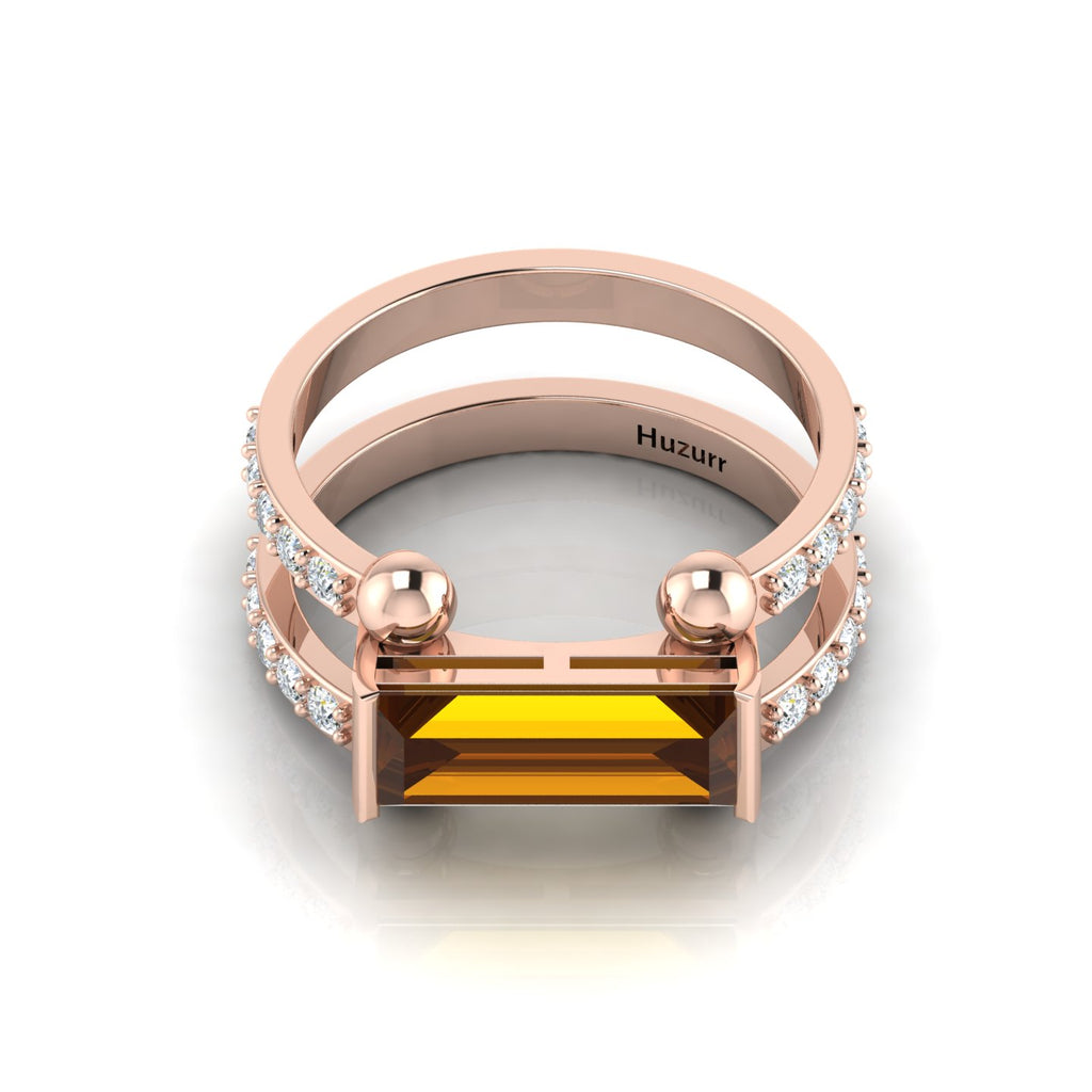 Rose Gold Plated Parallel Split Baguette-Cut Coffee Diamond Solitaire Ring