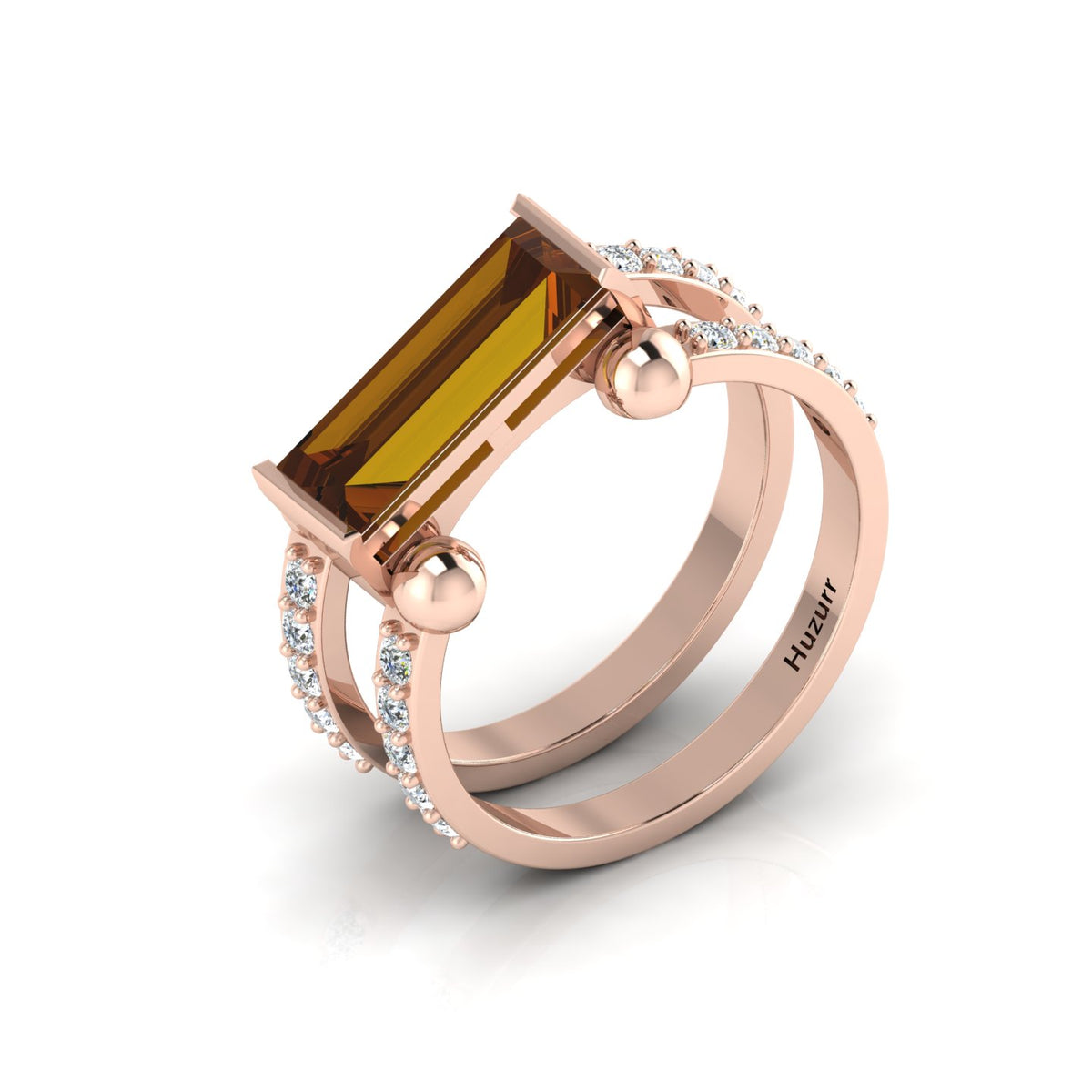 Rose Gold Plated Parallel Split Baguette-Cut Coffee Diamond Solitaire Ring