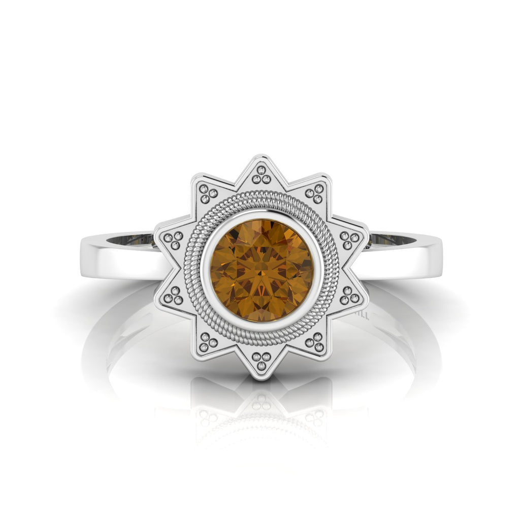 Coffee Diamond 925 Silver Solitaire Sun Ring