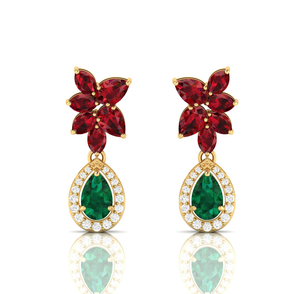 Gold Plated Emerald & Garnet Cluster Teardrop Earrings