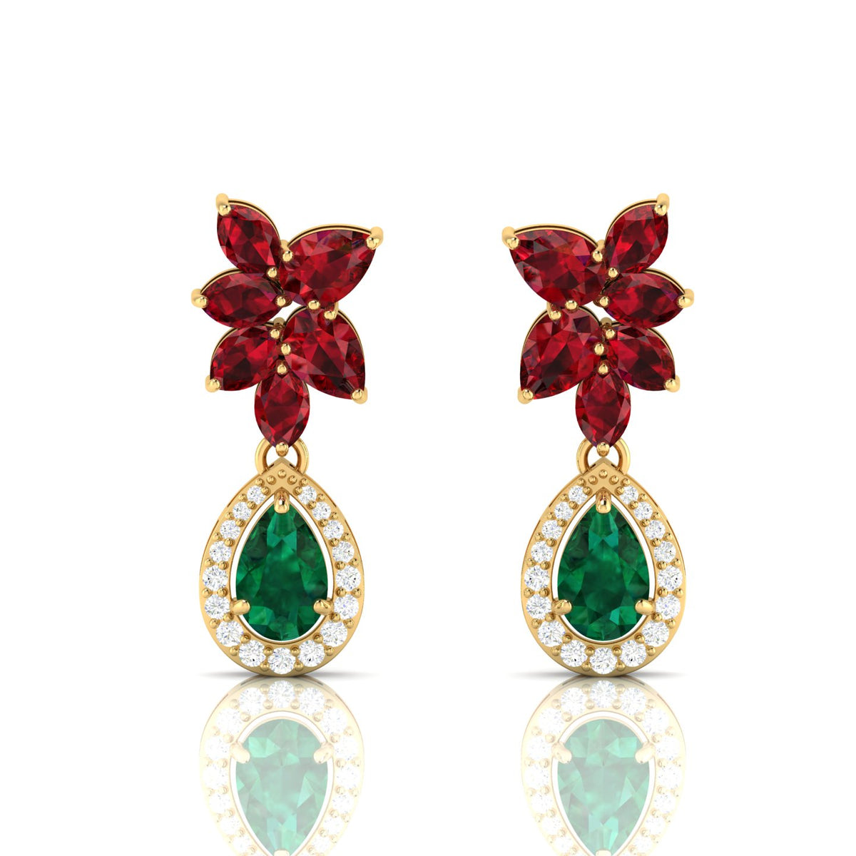 Gold Plated Emerald & Garnet Cluster Teardrop Earrings