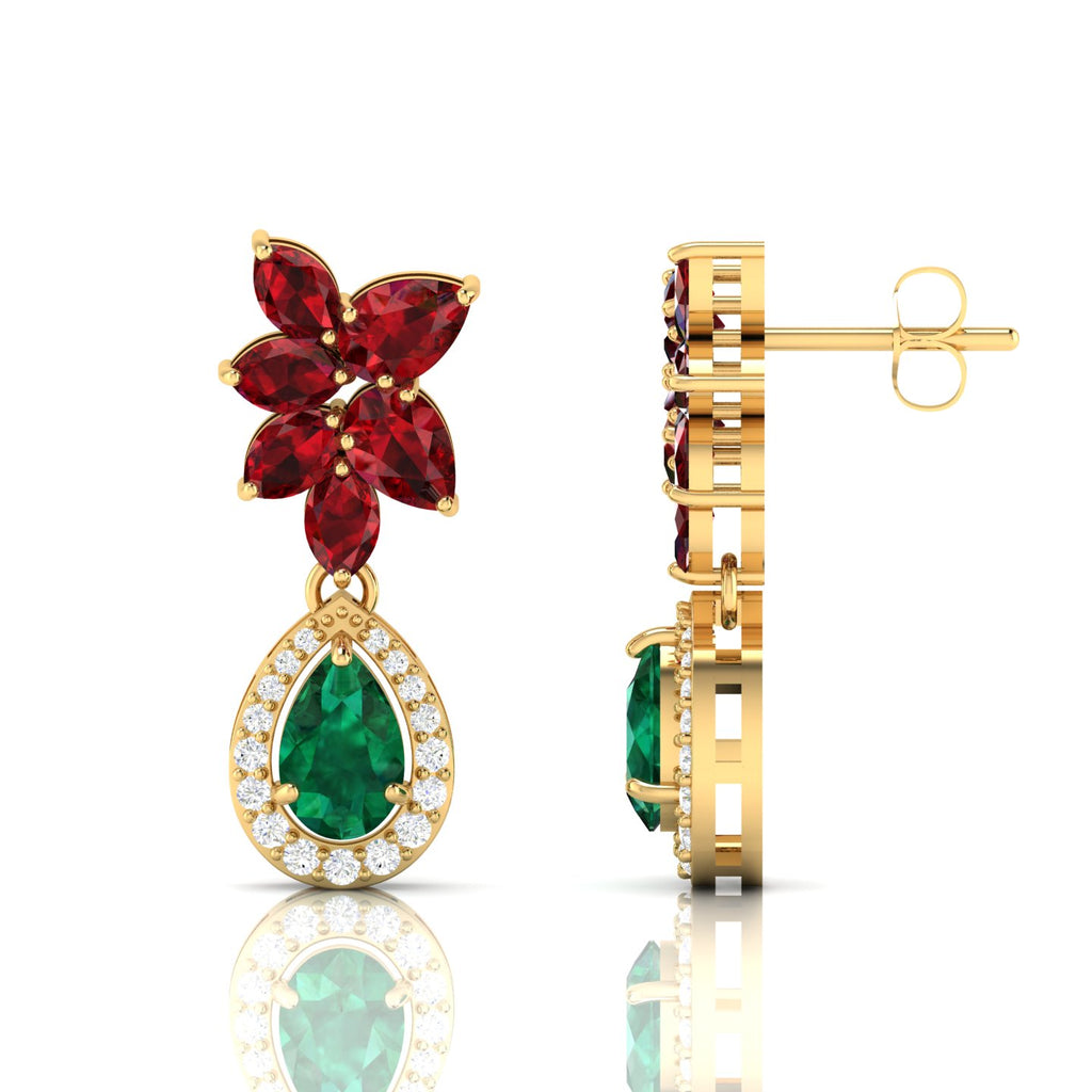 Gold Plated Emerald & Garnet Cluster Teardrop Earrings