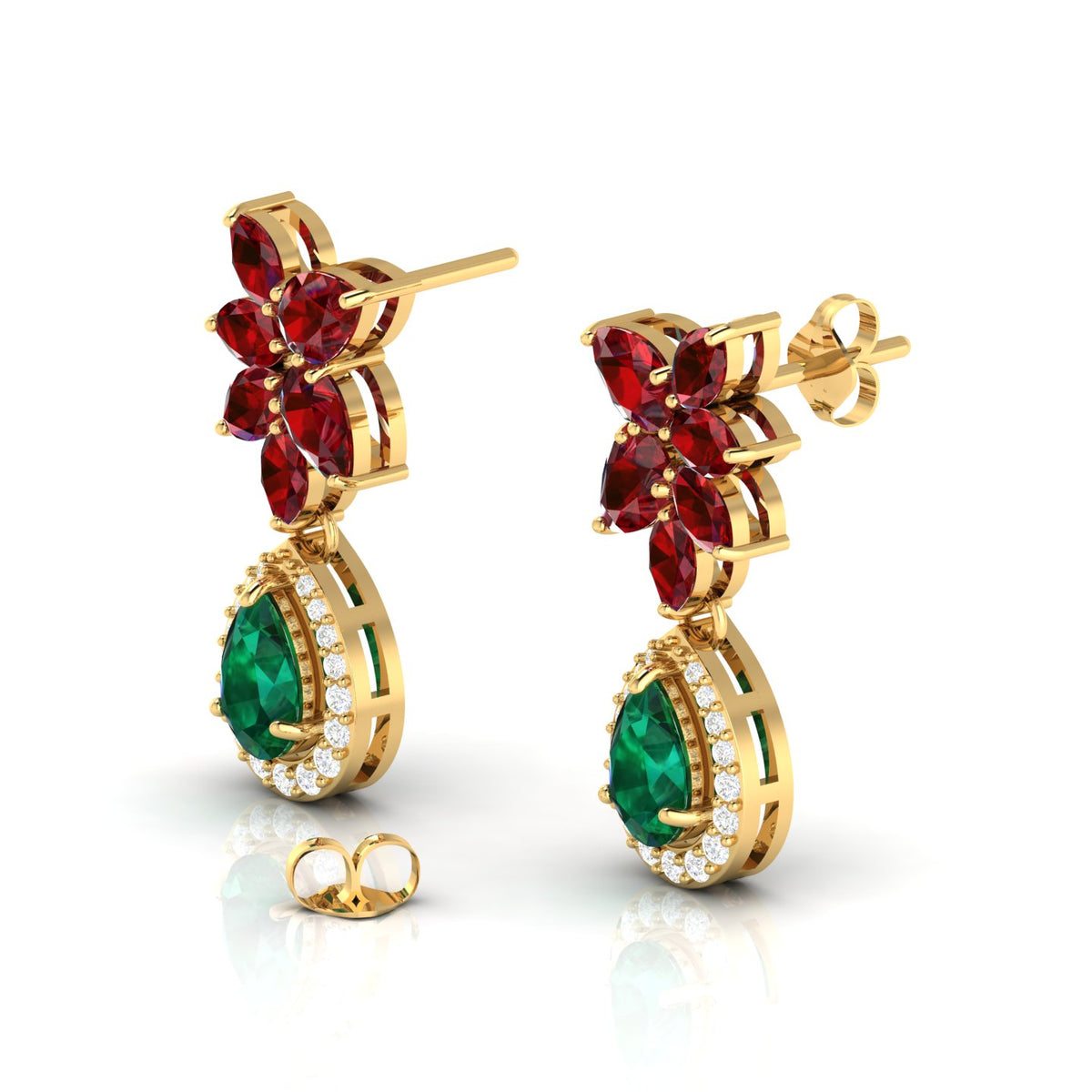 Gold Plated Emerald & Garnet Cluster Teardrop Earrings