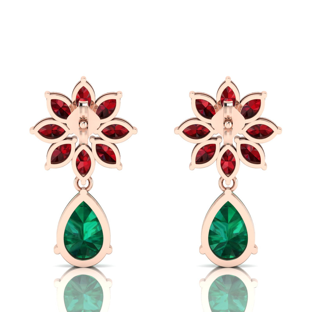Emerald & Garnet Rose Gold Plated Flower Teardrops Earrings