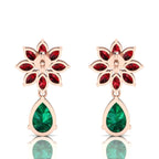 Emerald & Garnet Rose Gold Plated Flower Teardrops Earrings