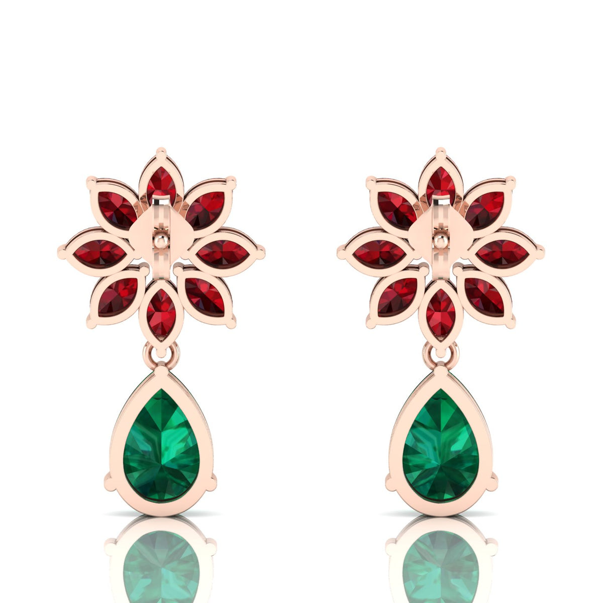 Emerald & Garnet Rose Gold Plated Flower Teardrops Earrings