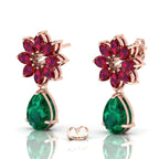 Emerald & Garnet Rose Gold Plated Flower Teardrops Earrings