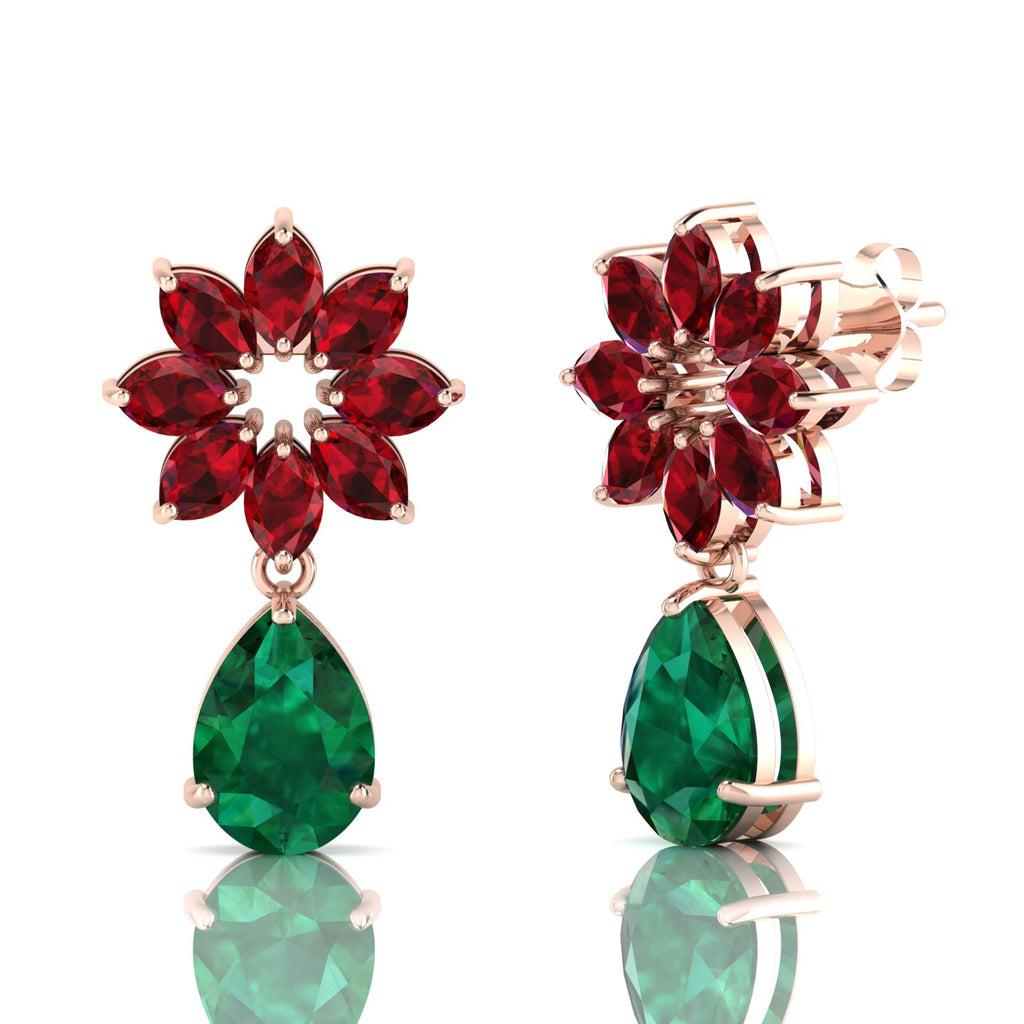 Emerald & Garnet Rose Gold Plated Flower Teardrops Earrings