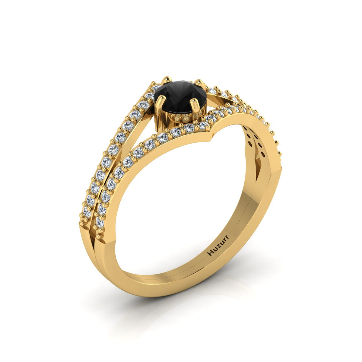 Gold Plated Wishbone Round Black & White Diamond Solitaire Ring