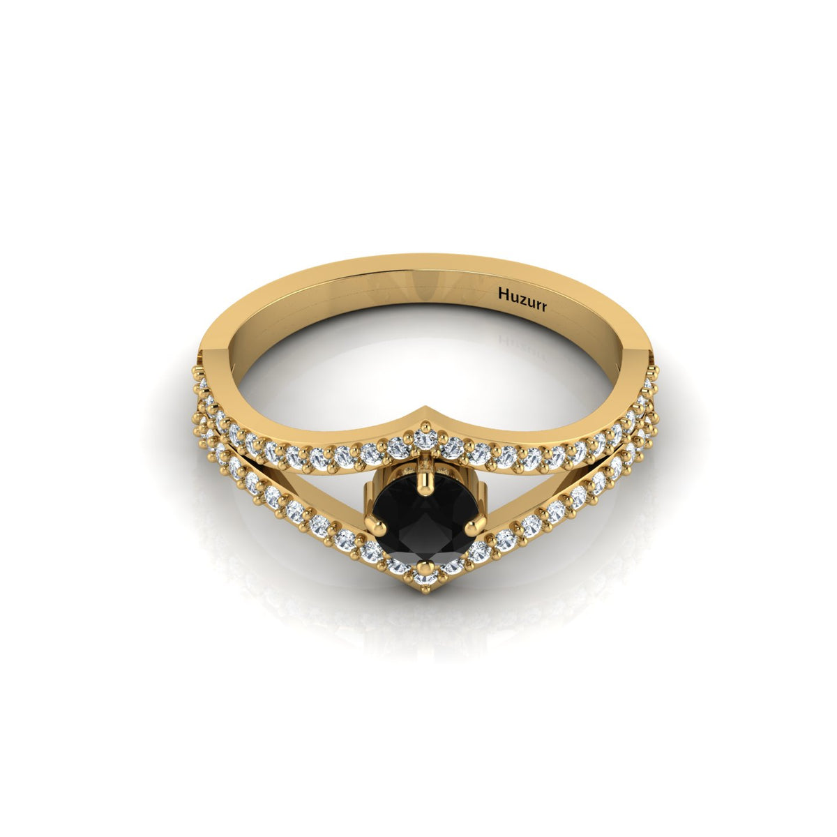 Gold Plated Wishbone Round Black & White Diamond Solitaire Ring