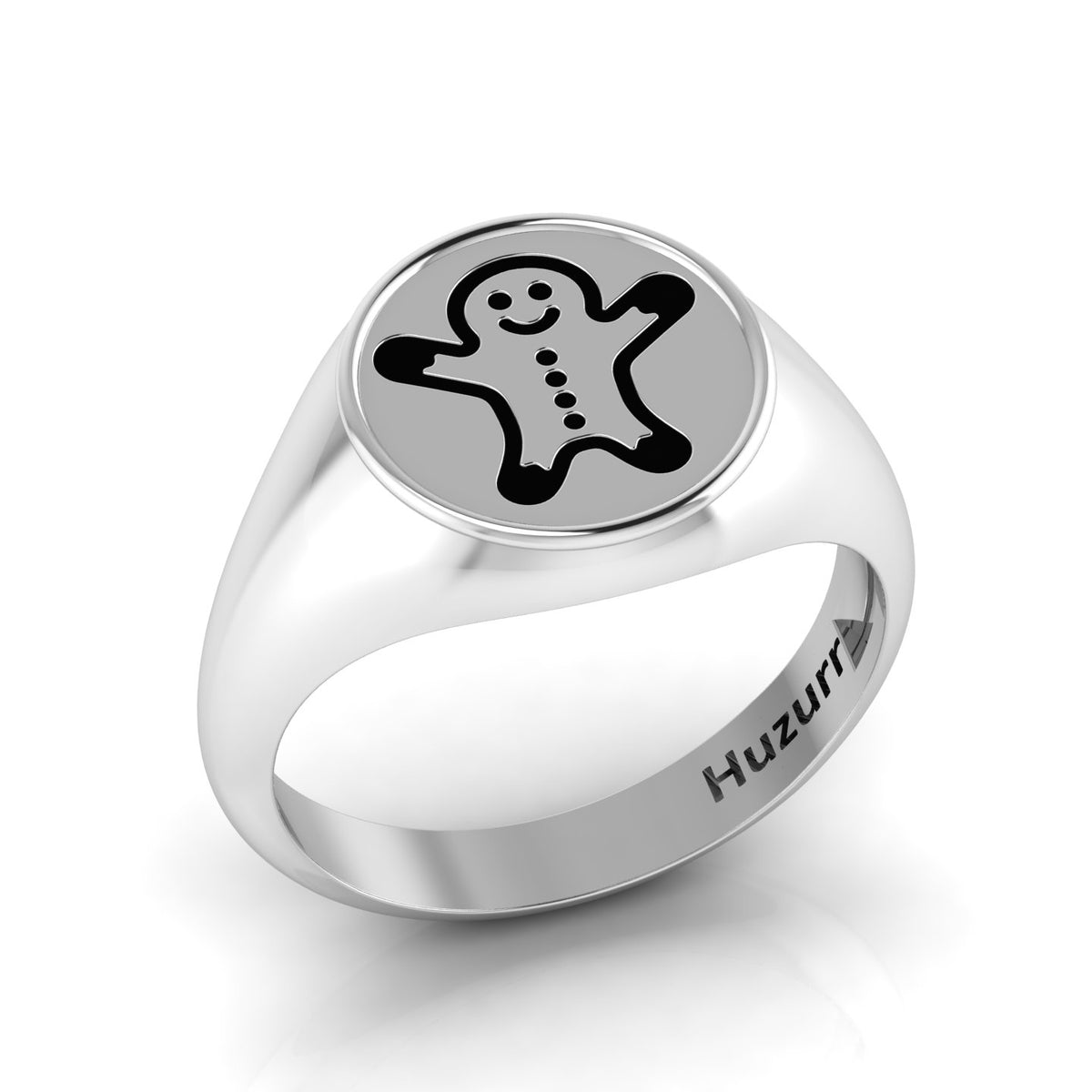 Black Enamel Gingerbread Man Engraved Classic Signet Sterling Silver Ring