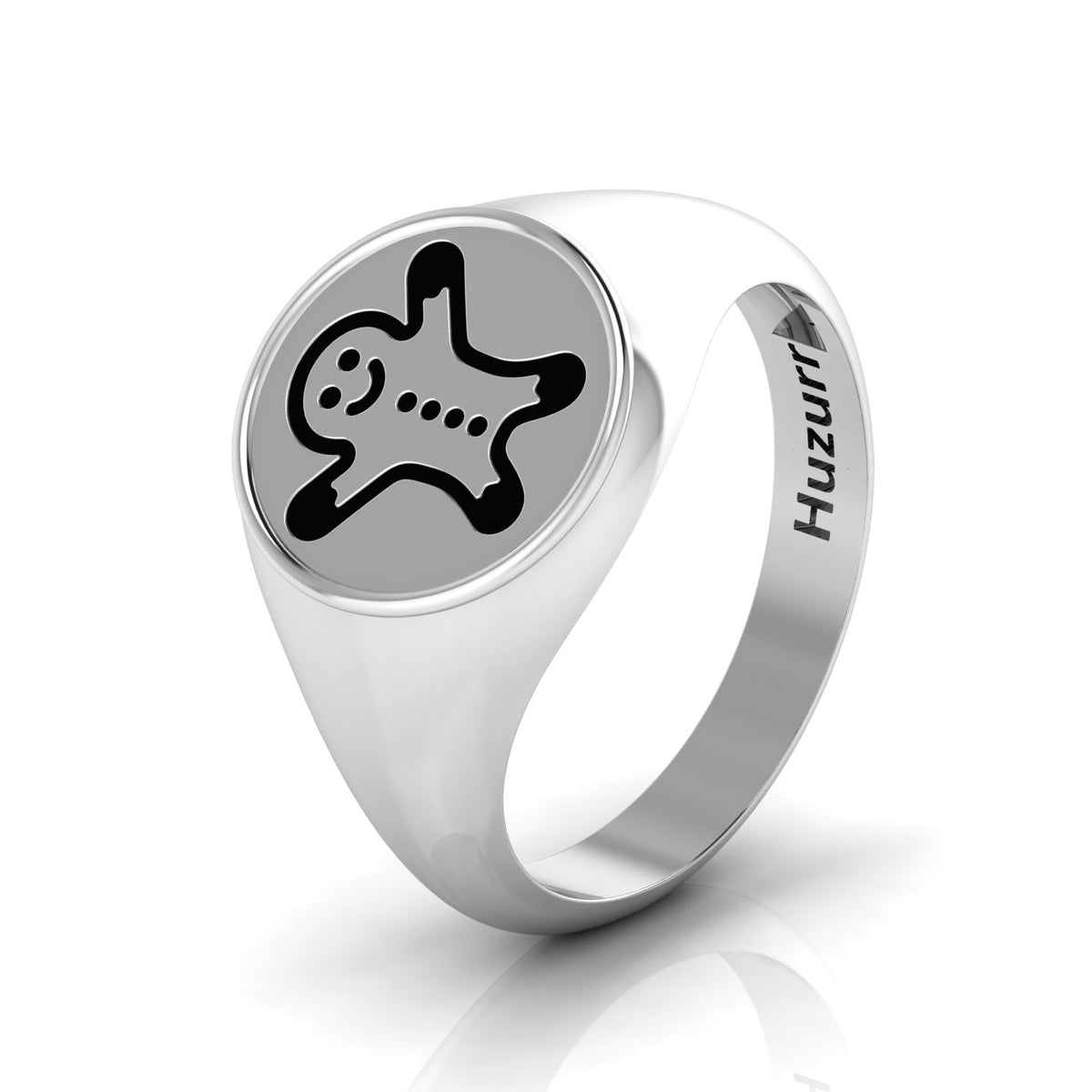 Black Enamel Gingerbread Man Engraved Classic Signet Sterling Silver Ring