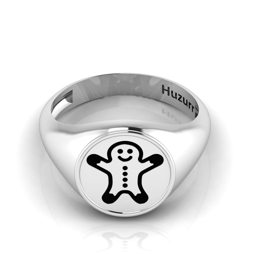 Black Enamel Gingerbread Man Engraved Classic Signet Sterling Silver Ring