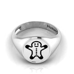 Black Enamel Gingerbread Man Engraved Classic Signet Sterling Silver Ring