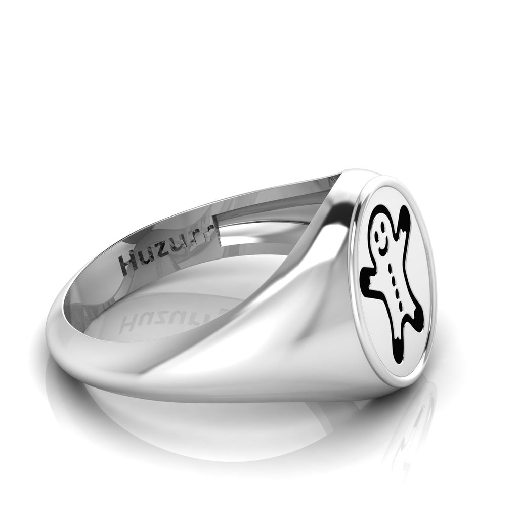Black Enamel Gingerbread Man Engraved Classic Signet Sterling Silver Ring