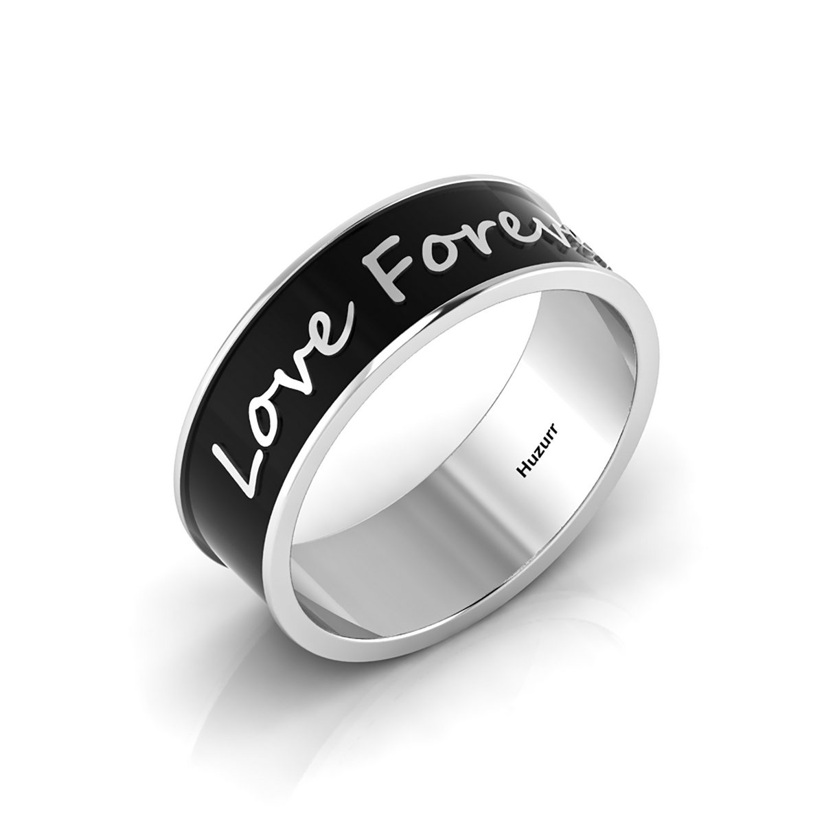 Black Enamel Love Forever Silver Band Ring