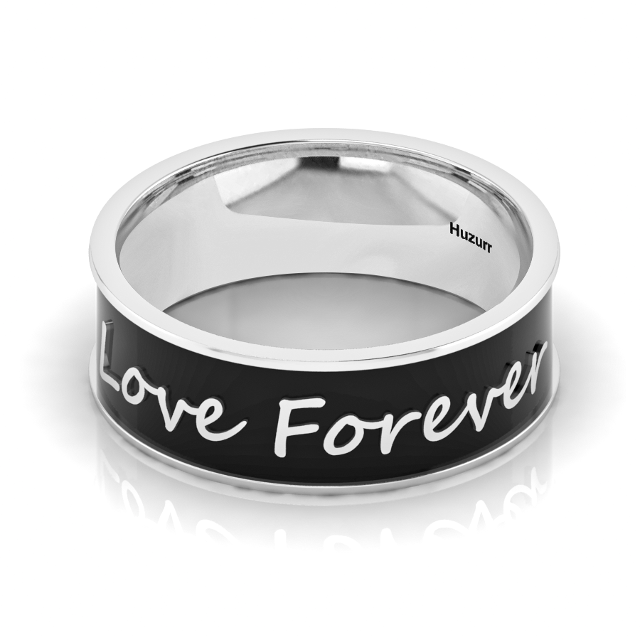Black Enamel Love Forever Silver Band Ring