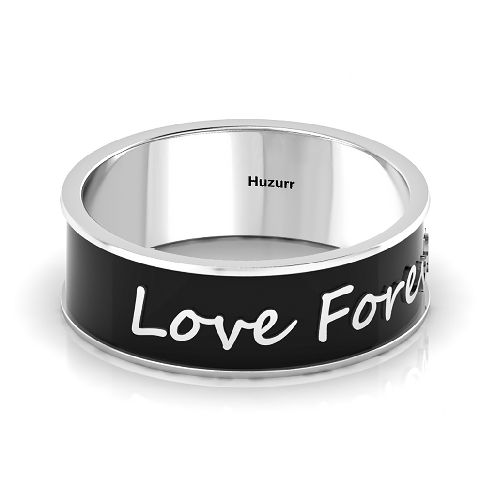 Black Enamel Love Forever Silver Band Ring