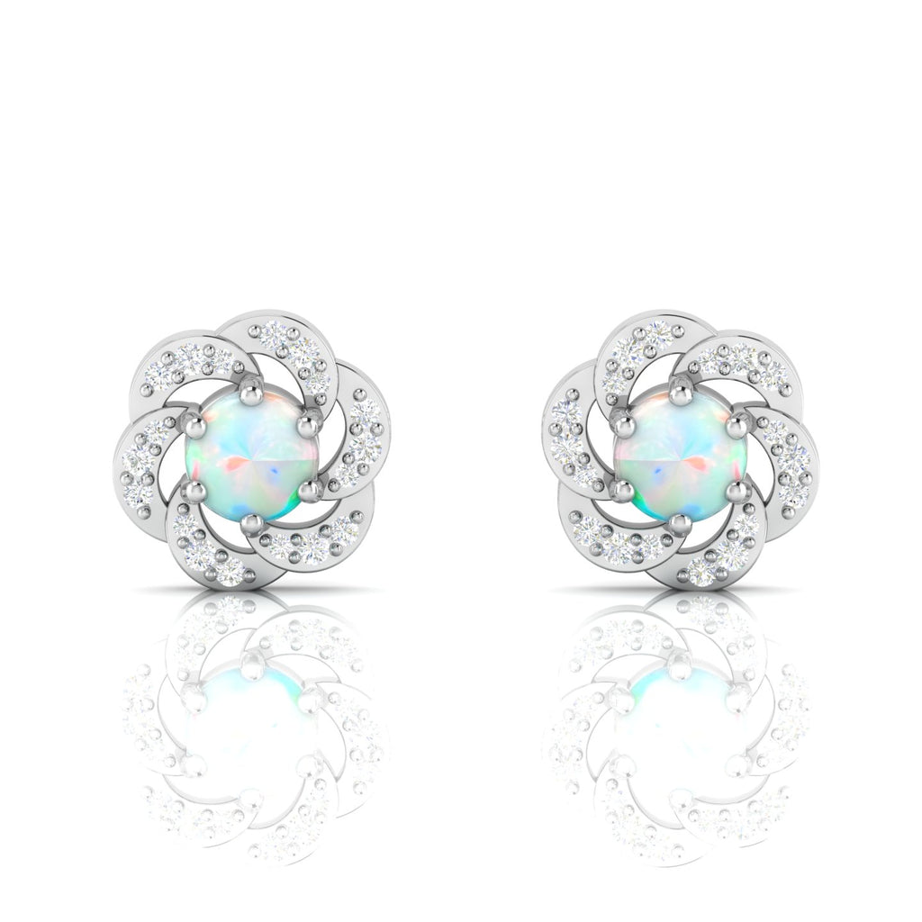 Sterling Silver Round Opal & Diamond Floral Studs Earrings