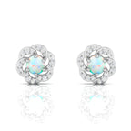 Sterling Silver Round Opal & Diamond Floral Studs Earrings