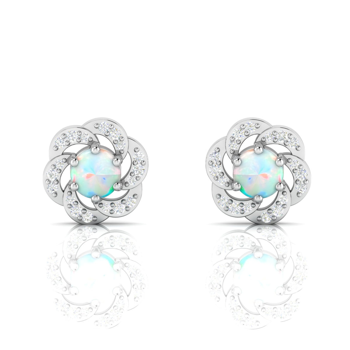 Sterling Silver Round Opal & Diamond Floral Studs Earrings