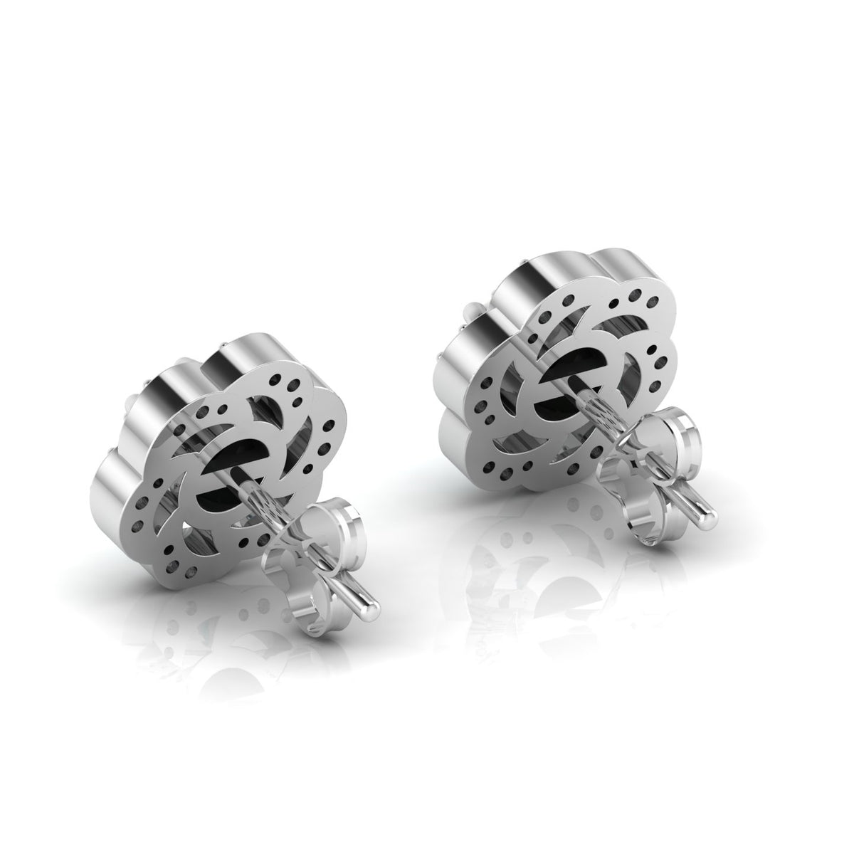 Sterling Silver Round Opal & Diamond Floral Studs Earrings