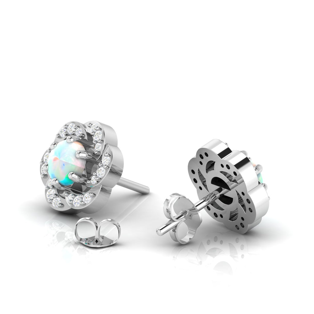 Sterling Silver Round Opal & Diamond Floral Studs Earrings