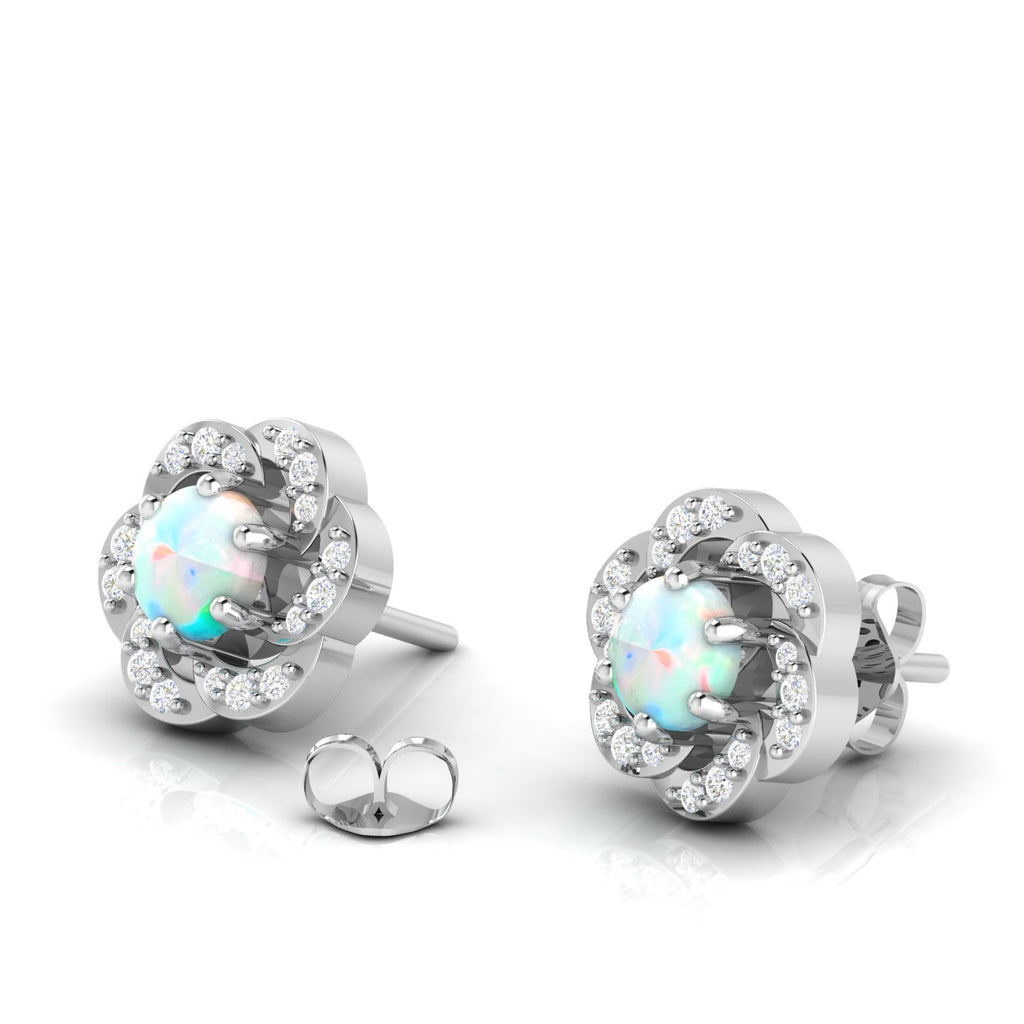Sterling Silver Round Opal & Diamond Floral Studs Earrings