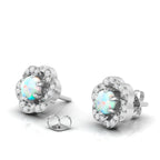 Sterling Silver Round Opal & Diamond Floral Studs Earrings